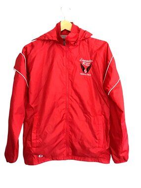 GTM SPORTSWEAR-MENS RED TRACK JACKET DETACHABLE HOODIE ZIP-UP CLOSURE SIZE SMALL